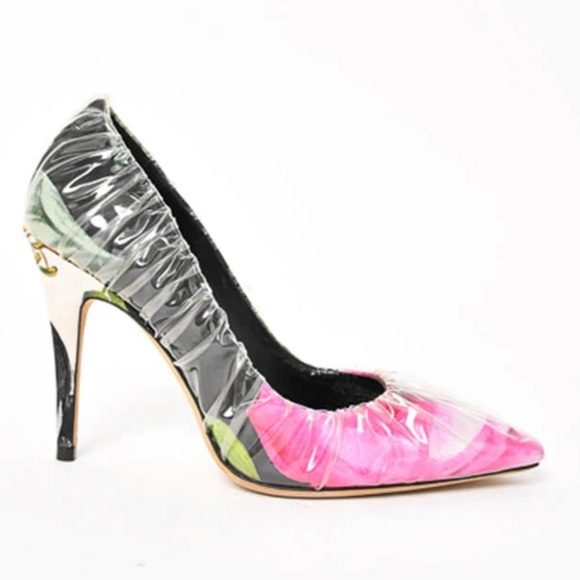 Off-White X Jimmy Choo Pink White Floral Satin Heels Plastic Overlay Size 37 - Picture 1 of 11